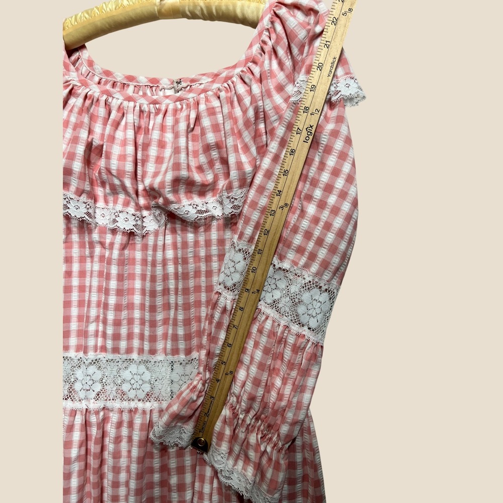 Vintage 70s Prairie Dress Pink Gingham Checkered Lace Trim Maxi Cottagecore S/M - Picture 7 of 11